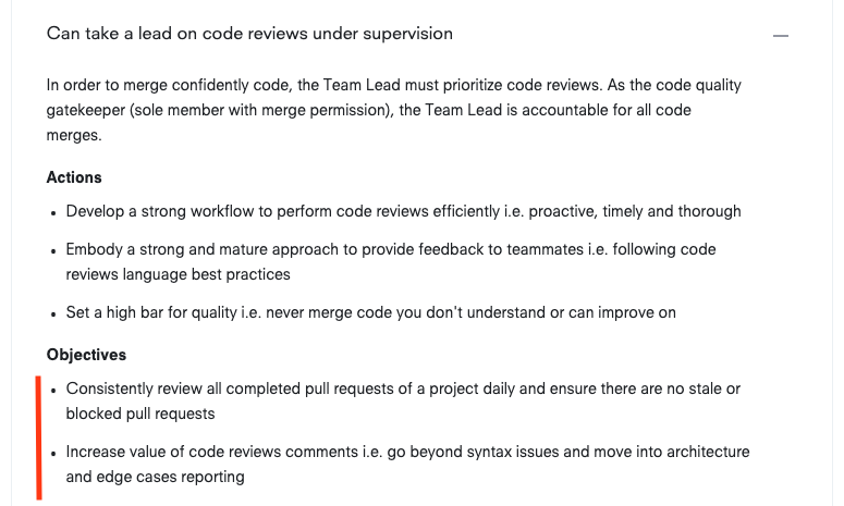 Examples of objectives for the skill "Can take the lead on code reviews under supervision" (level 6)