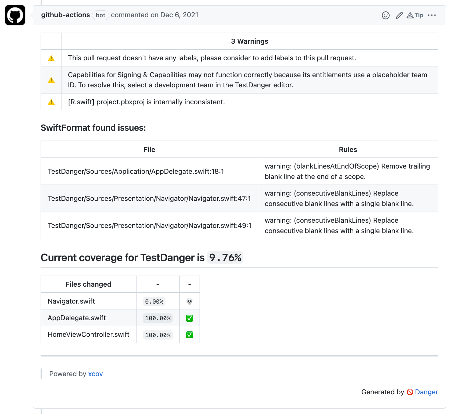 Danger comment in a pull request example