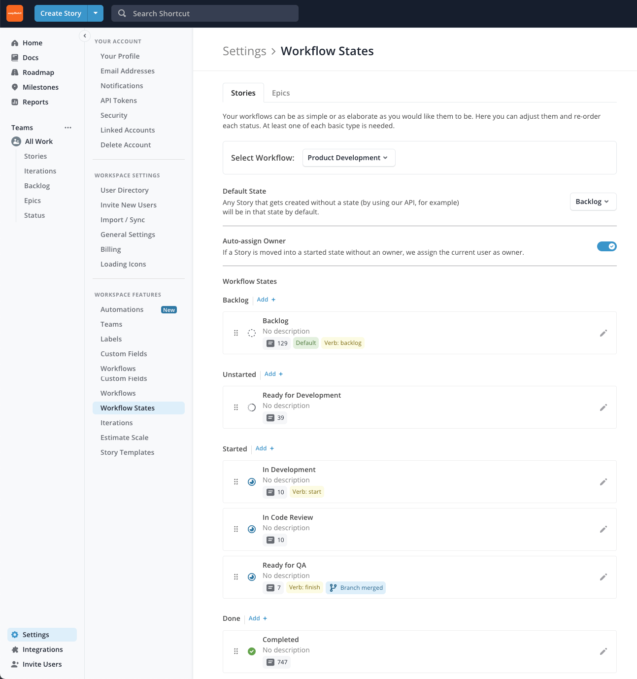 Shortcut Workflow States