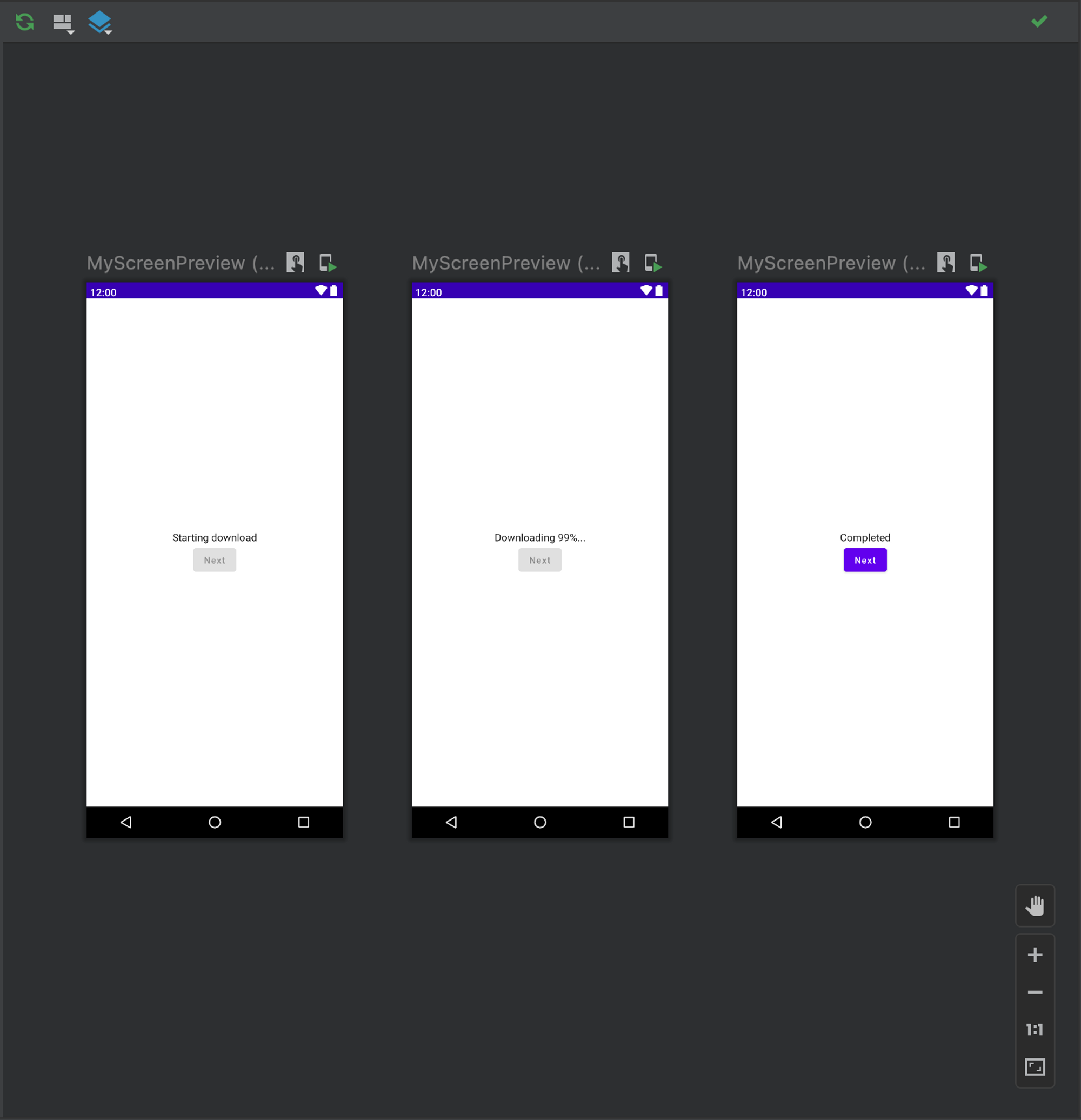 Preview for starting download, 99% downloaded, and download completed states