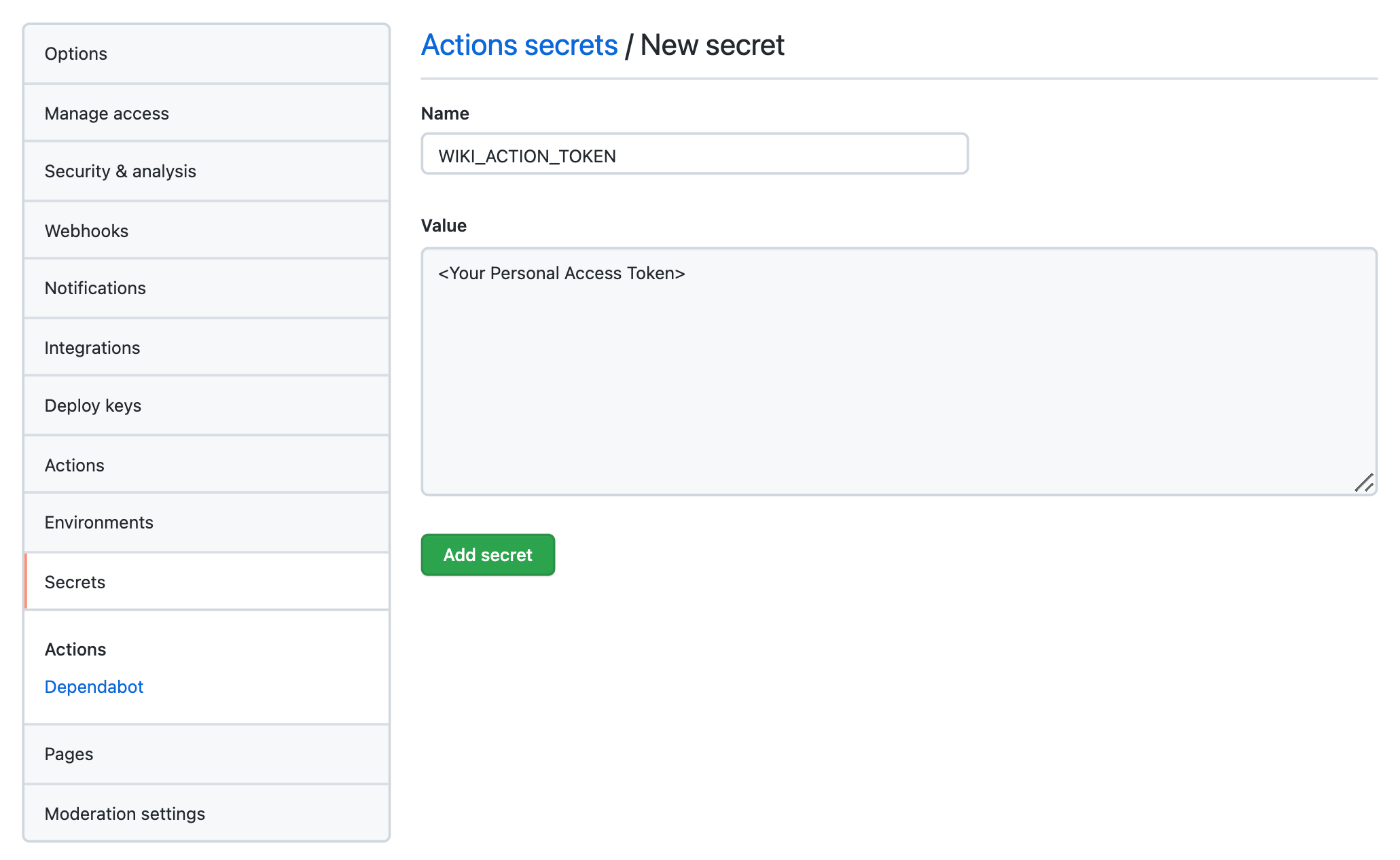 Create a Repository Secret on GitHub