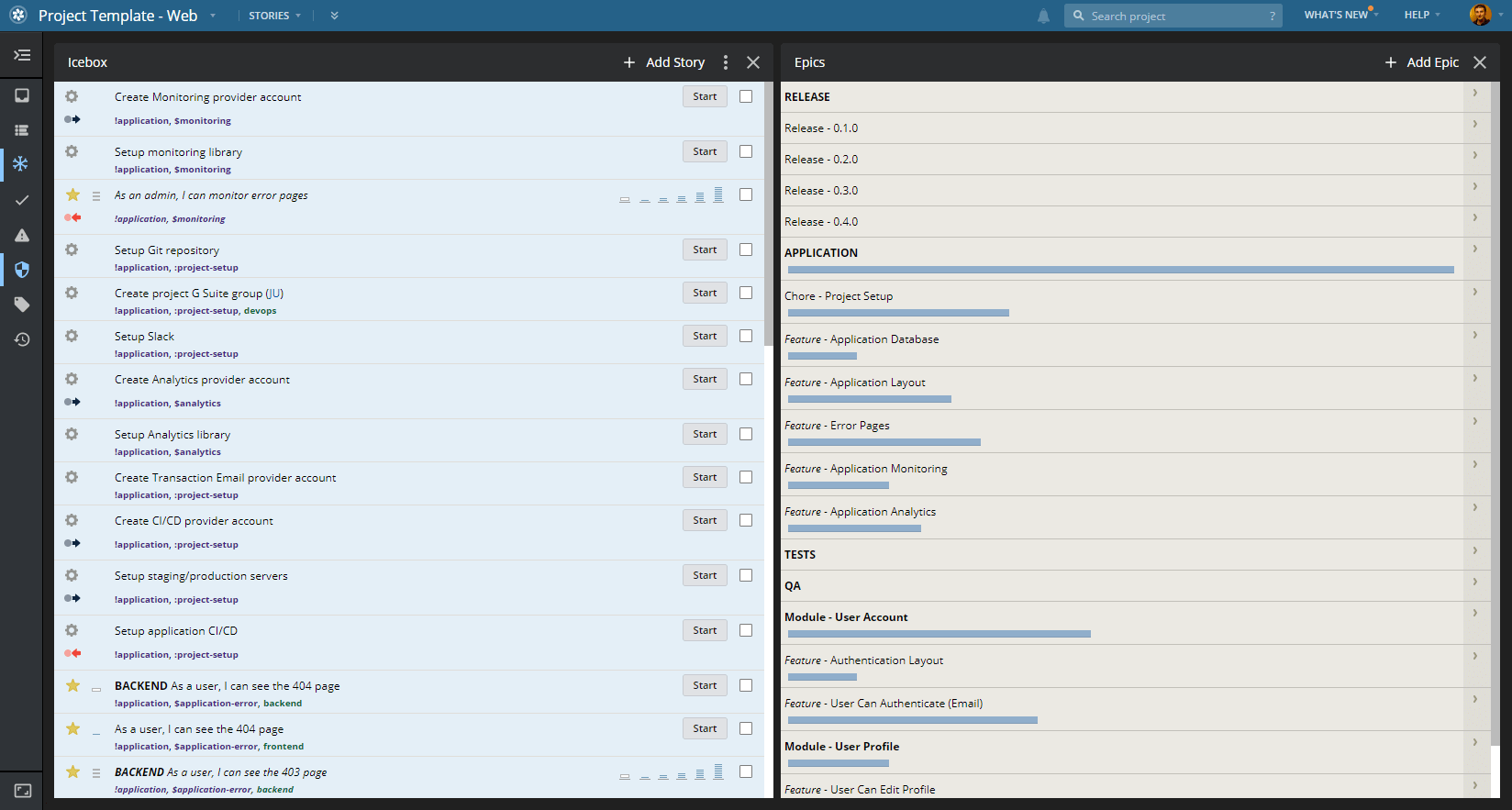 Pivotal Tracker UI as of 2020. Much nicer than a few years ago 😎